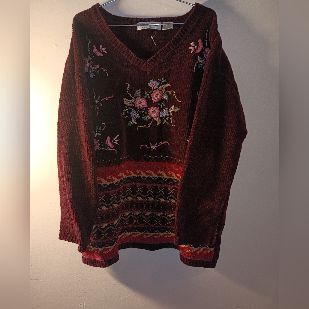 Vintage Embroidered Floral Burgundy Sweater